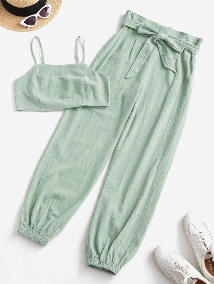 Fashion ZAFUL Zugeschnittes Gurt Papiertüte Jogger Hose Set - Tarnan