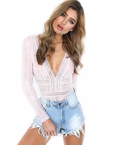 Producto Mujer Manga Larga V Cuello Backless Elásticos Slim Fit Bodysuit Tops Ropa