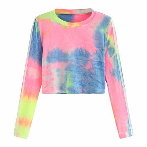 Fashion FRAUIT Cortas Sudadera Mujer Swetshirt Teñido de Corbata Suelto Crop Tops Otoño