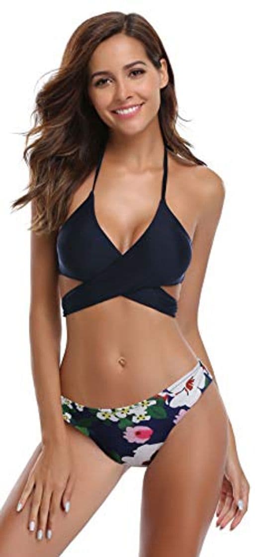 Fashion SHEKINI Mujeres Front Cross Bandage Bikini Floral impresión Inferior Traje de baño