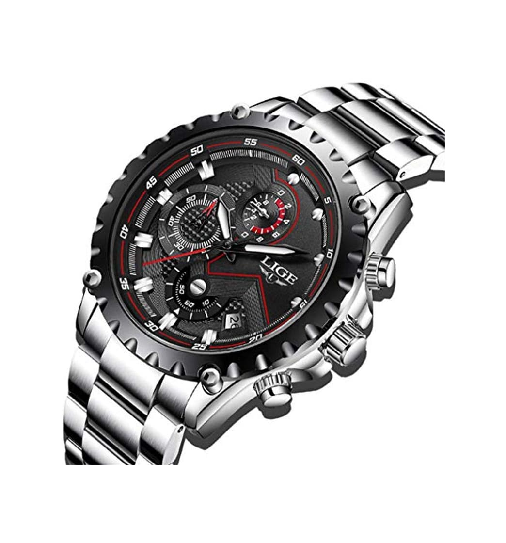 Producto LIGE Relojes para Hombre Negro Acero Inoxidable Moda Reloj Deportes Impermeable Gran Esfera Cronógrafo Reloj Militar Plata Fecha