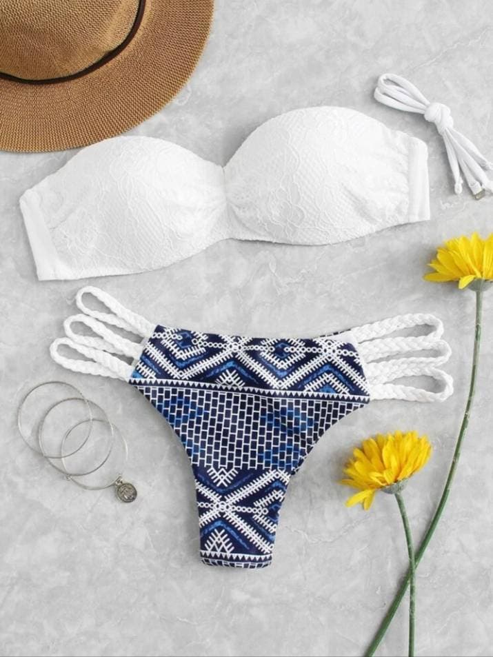 Producto Conjunto De Bikini Con Patrón Geométrico Con Encaje

