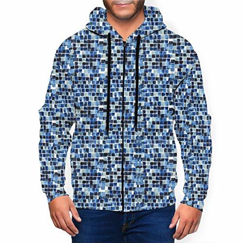 Producto Men Zipper Hoodies Printed Sweatshirt Indigo Blue Checkered Watercolor Long Sleeve Coat