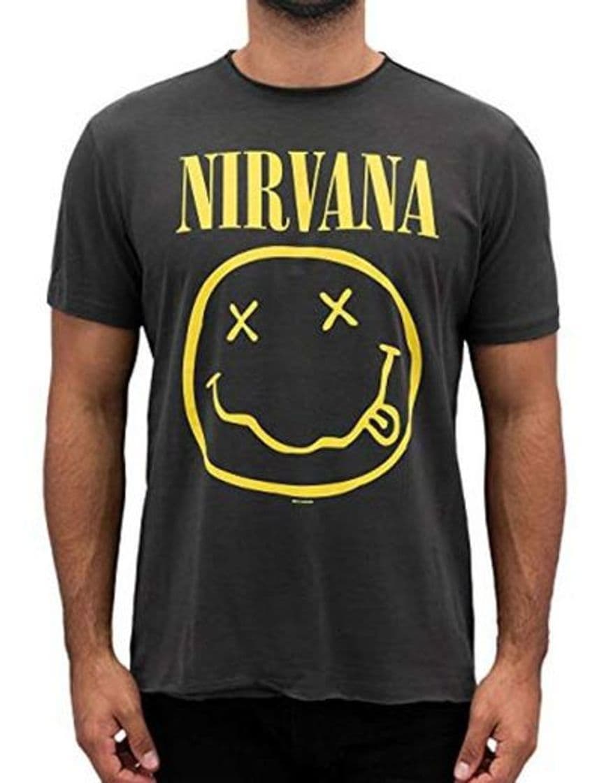 Moda Amplified Nirvana-Smiley, Camiseta para Hombre, Gris