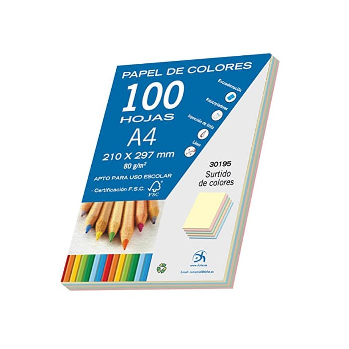 Producto Dohe- Pack de 100 papeles A4, 80 g, multicolor pastel, Color surtido