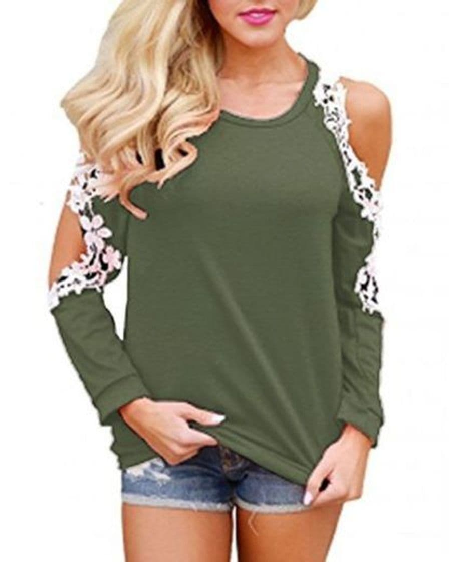 Product StyleDome Mujer Camiseta Otoño Encaje Mangas Largas Hombros Descubiertos Cuello Redondo Elegante Casual Top Verde Oscuro M