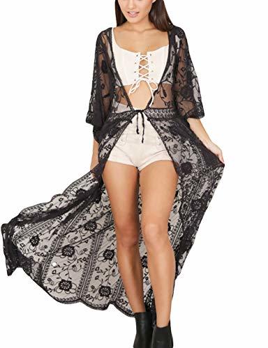 Product Bsubseach Mujer Kimono Cárdigan de Encaje Negro Transparente Traje de Baño Cubrir