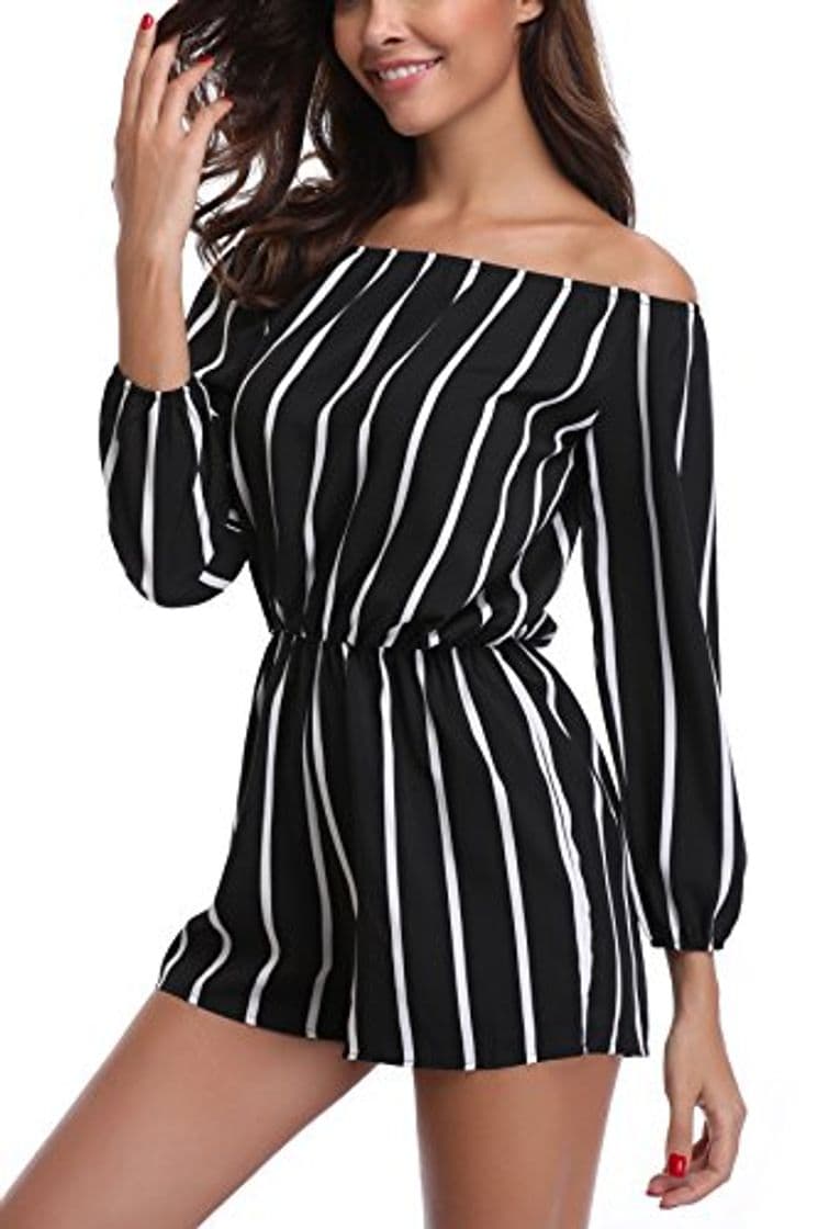 Fashion MISS MOLY Mono A Rayas Mujer Fiesta Sexy Manga Larga de Noche Trabajo Mamelucos básicos Bodysuit Pantalones Negro Medium