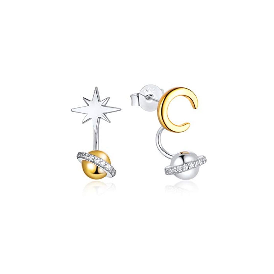 Product Plata de Ley 925 Aretes Clavos Hipoalergénicos para Mujeres Joyería Accesorios Decorativos de Orejas Pendientes Asimétricos Estrella Luna y Planeta Elemento de Universo