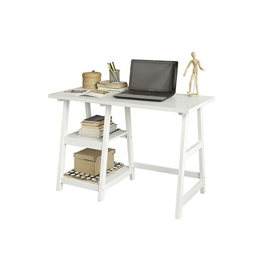 Product SoBuy® Mesa de Escritorio, Mesa de Ordenador con 2 estantes, Color Blanco,