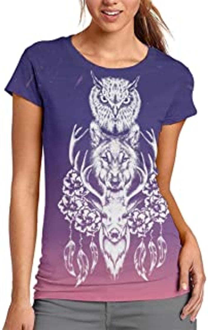 Product Wolf con flores atrapasueños mujer casual camiseta manga corta túnica tops cuello