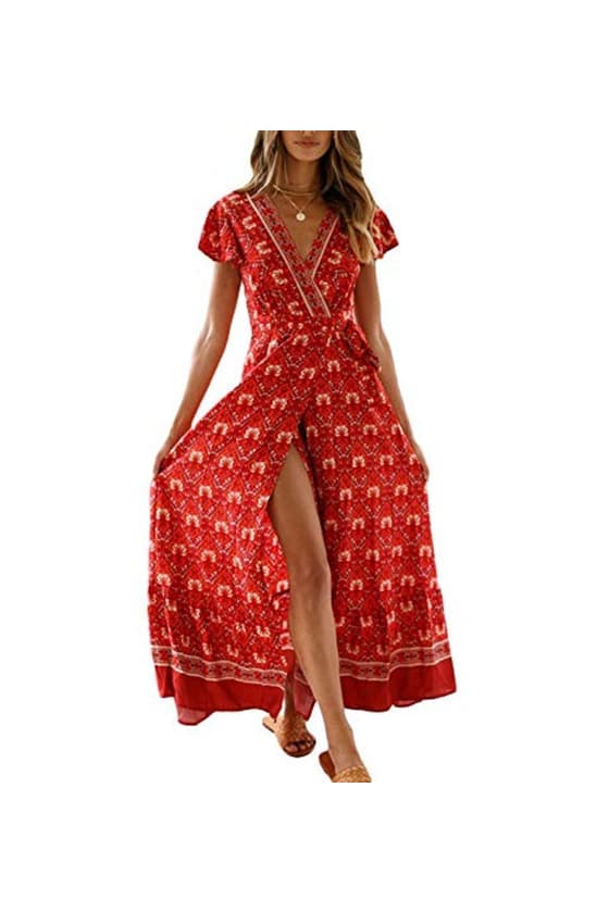 Product Vestido Mujer Bohemio Largo Verano Playa Fiesta Floral Manga Corta Cuello en V Talla Split Wrap Maxi Vestidos 5 XL