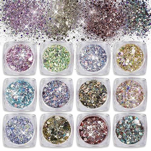 Belleza Purpurinas Polvo 12 Colores Chunky Glitter Paillette Brillante Decoración para Cara Maquillaje