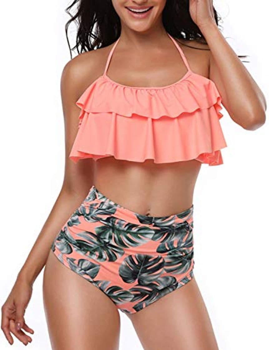 Product Yuson Girl Mujer Conjunto De Frill Bikini Tiras Talle Alto Tallas Grandes Sexy Traje De Baño Cuello Halter Vintage Vientre Plano con Volantes Top Bikini Push Up Flores Braga Triangulo Alta