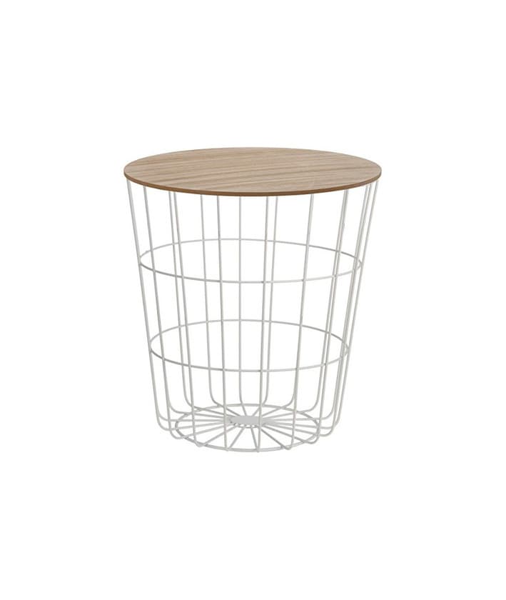 Producto Diseño Mesa Auxiliar – Cesta de metal con tapa de madera – Papelera decorativa Sofá Mesa