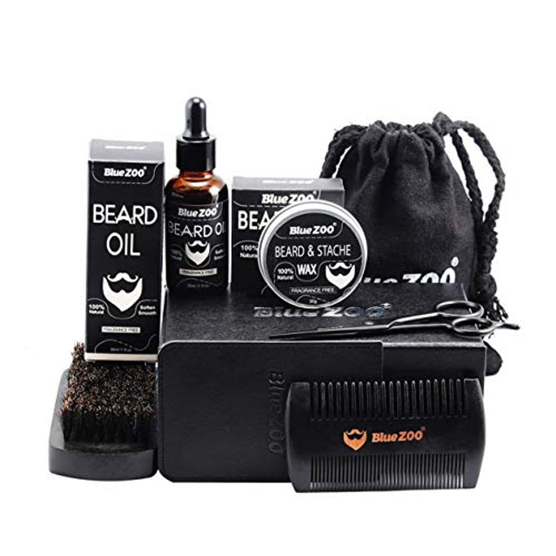 Product BIYI Black Bluezoo Beard Set Barba Aceite Barba Cera Cepillo de doble cara Bolsa de cepillos Tijeras pequeñas Juego de 7 piezas negro