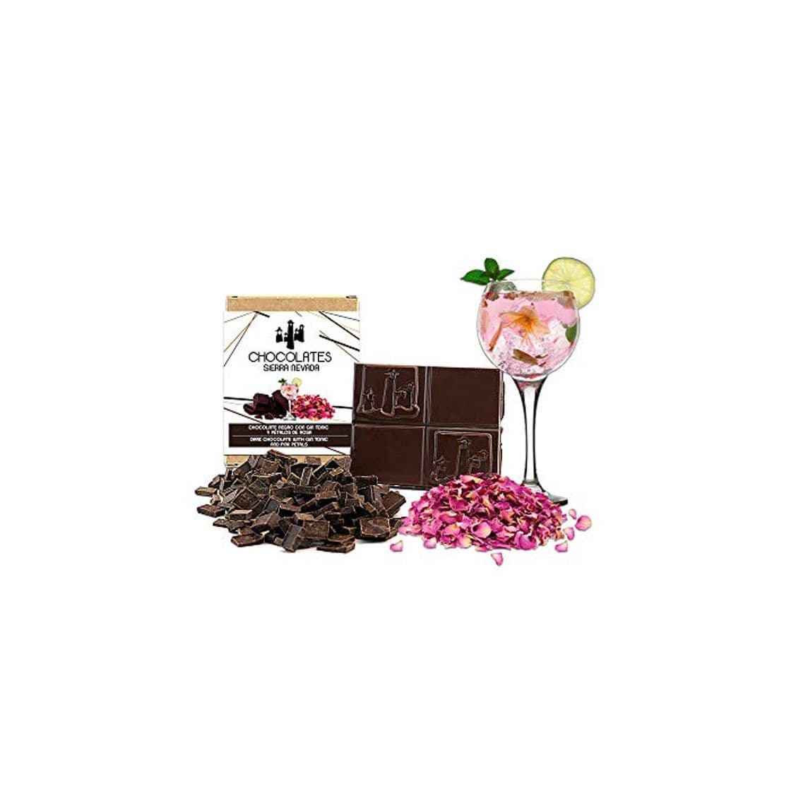 Product Tableta de chocolate negro con gin tonic y pétalos de rosa 75gr