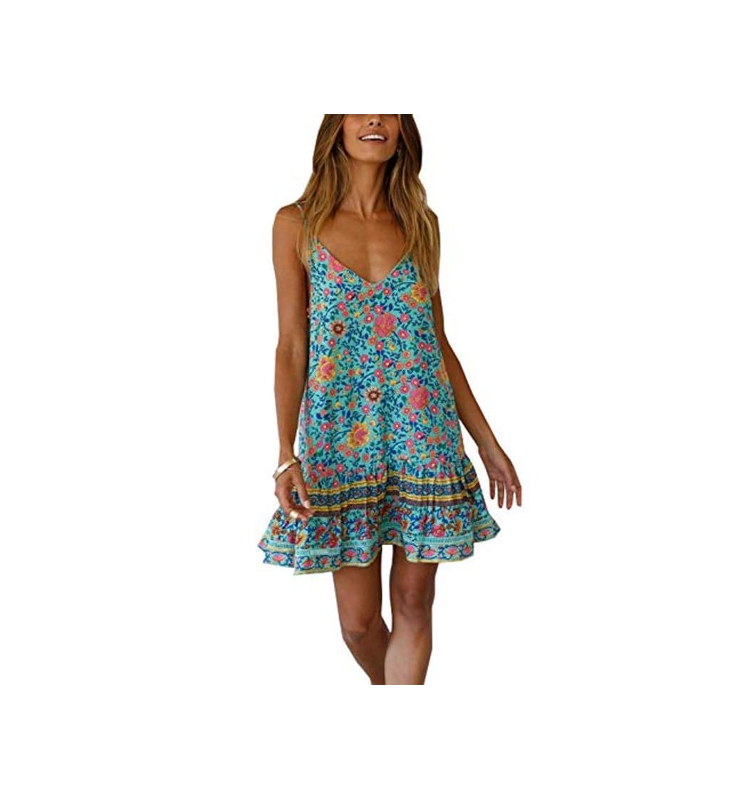 Producto Ajpguot Vestido de Verano Mujer Impresión Mini Vestidos de Playa V-Cuello Manga