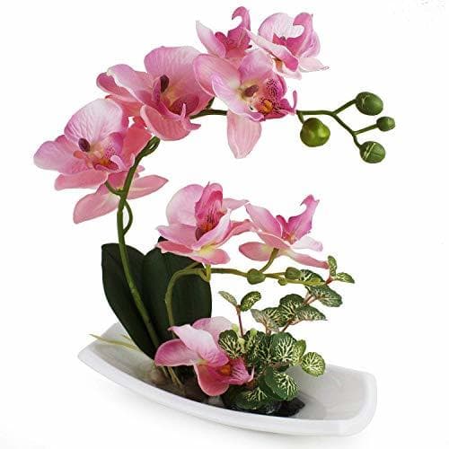 Product True Holiday Flores Artificiales de orquídea con jarrón de Porcelana Blanca