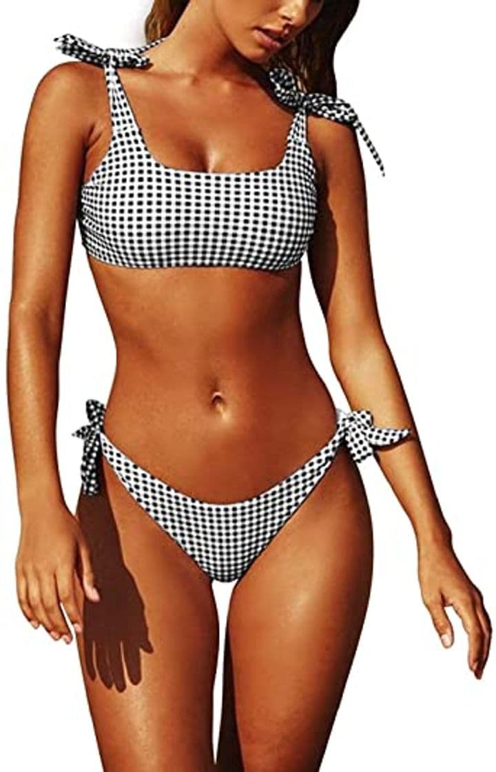 Producto Yuson Girl Conjuntos De Bikini Rayas Talle Alto Retro Brasileños Mujer Sexy Traje De Baño Cuello Halter Strapless Off Shoulder Bra Top Bikini Push Up Anudado Tanga Braga Bikini Triangulo Alta