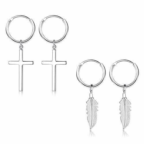 Product BESTEEL Plata 925 Pendientes para Hombres Mujeres Niñas Pendientes de aro Cruz