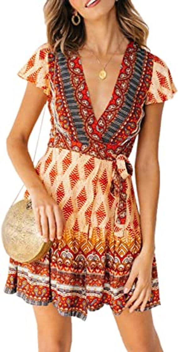 Producto Ajpguot Vestido de Verano Mujer Impresión Mini Vestidos de Playa V-Cuello Manga