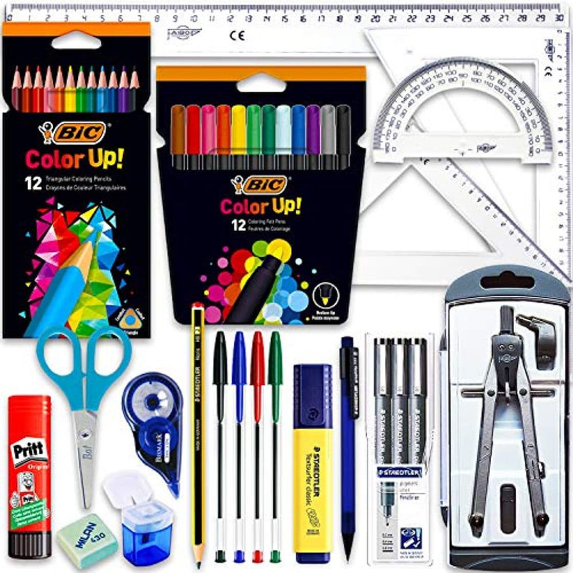 Product Coleset Pack Material Escolar Secundaria Instituto ESO Educacion secundaria Kit Utiles Escolares Barato Set Compas Escolar Adaptador Lote Materiales Kawaii Escuadra y Cartabon Rotuladores Calibrados