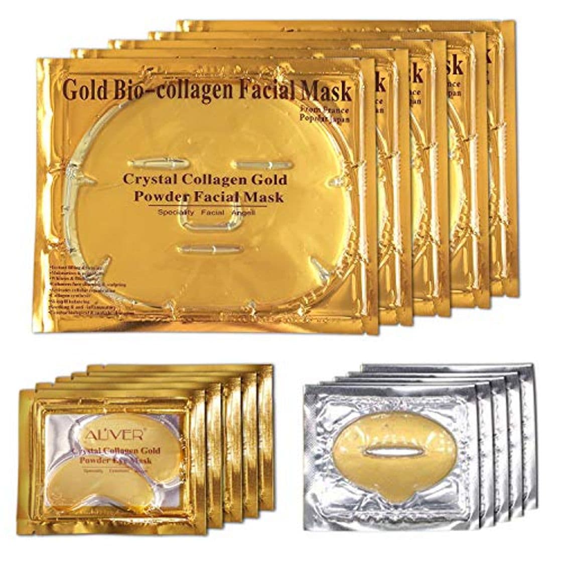 Beauty Aliver 24k Gold Bio-collagen Face Facial Mask + Gold Collagen Moisturizing Neck Mask + 2pairs Gold Powder Eye Mask+ 2pcs Gold Lip Mask (2sets