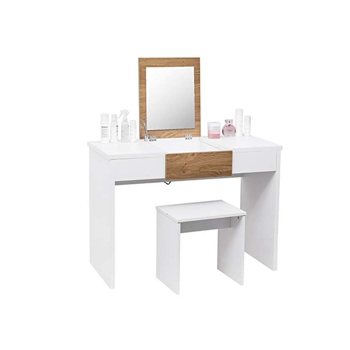 Product WOLTU Tocador con Espejo Mesa de Maquillaje con Taburete y Espejo Plegable,