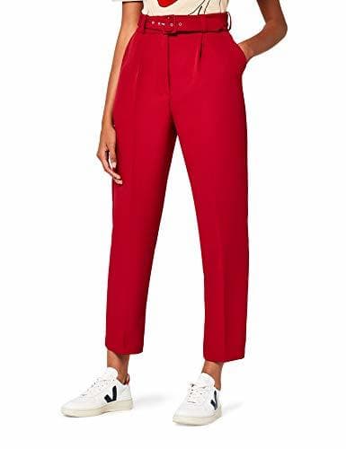 Producto Marca Amazon - find. Pantalón con Cinto Talle Alto Mujer, Rojo