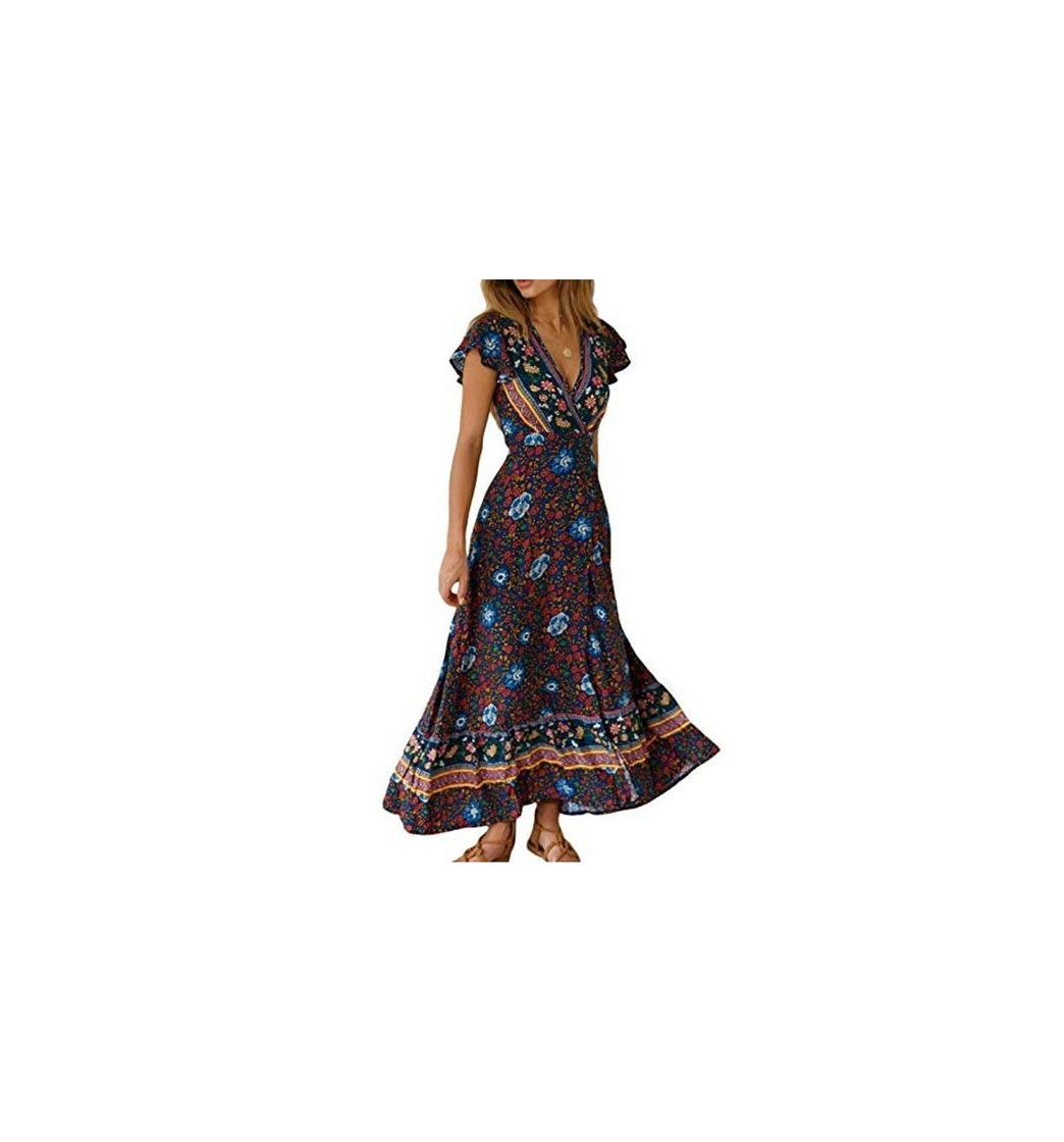 Moda Vestido Mujer Bohemio Largo Verano Playa Fiesta Floral Manga Corta Cuello en