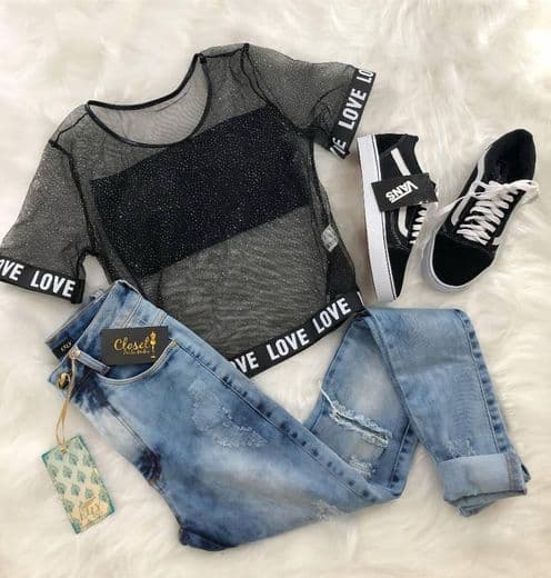 Moda ♡Calça Jeans/ Blusa transparente com Top/ Tênis Vans ♡ 