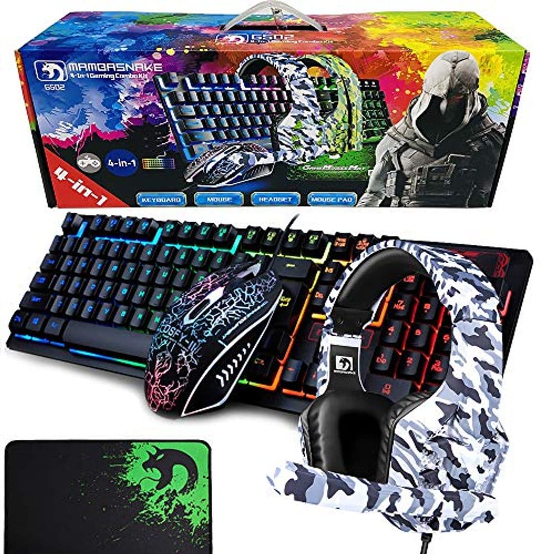 Producto LexonElec 4-en-1 Teclado para juegos Combo de mouse Cableado con arco iris