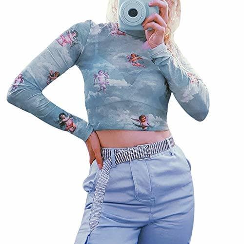 Product Loalirando Crop-Top Transparente Mujer Sexy de Manga Larga con ángeles Impresos Top