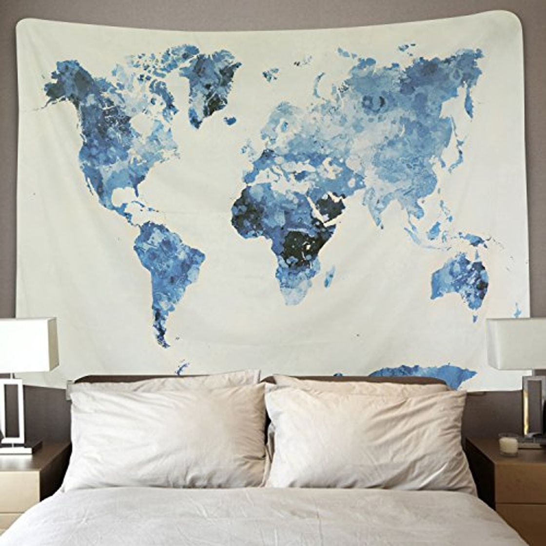 Place BLEUM CADE Blue Watercolor World Map Tapestry Abstract Splatter Painting Tapestry Wall