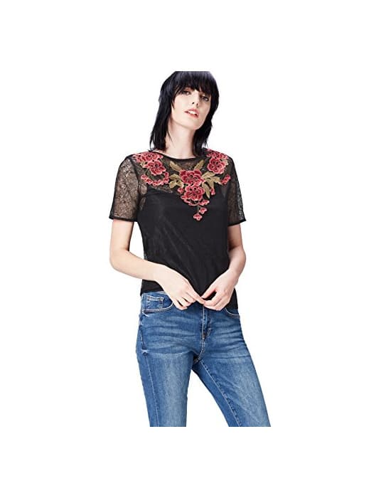 Product Marca Amazon - find. Blusa de Encaje con Bordado para Mujer, Negro