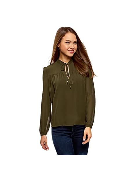 Moda oodji Collection Mujer Blusa Ancha con Lazos en los Puños, Verde, ES