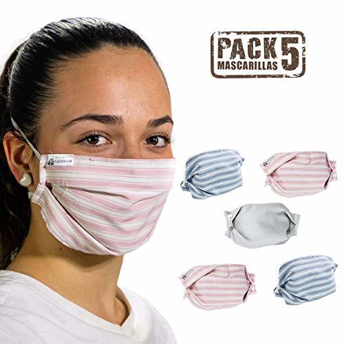 Producto tapidecor Pack 5 Mascarillas Tela Lavables Reutilizables 3 Capas Algodón Rayas Doble