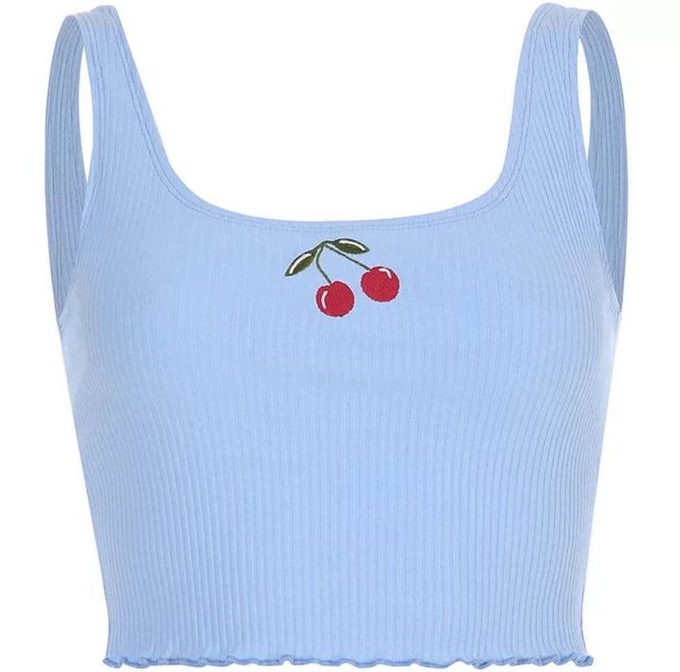 Moda Top azul con cereza bordada 