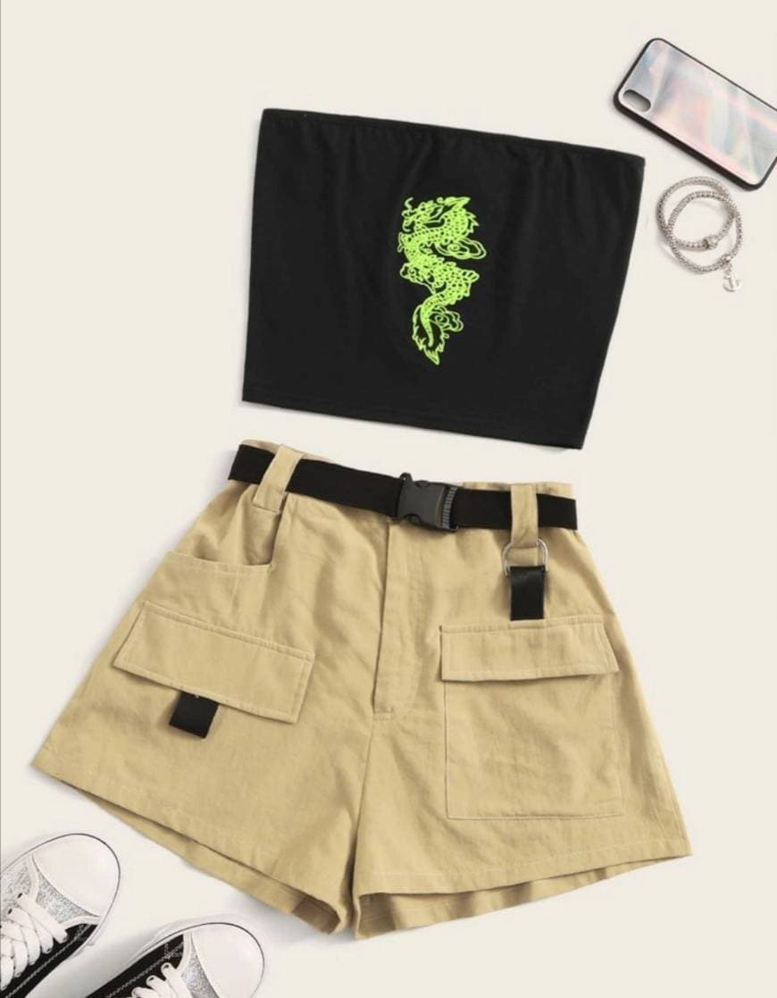 Producto Conjunto Bandeau Con Dragón Con Shorts Con Bolsillo Con Cint