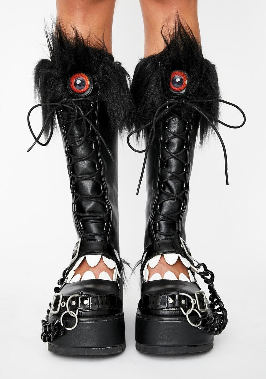 Fashion Demonia Monster Eye Teeth Knee High Boots - Black | Dolls Kill