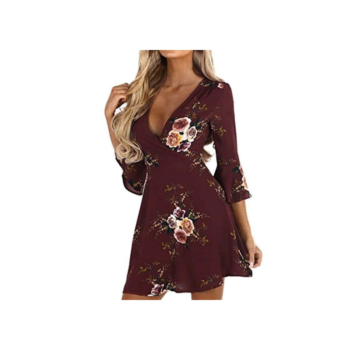 Producto Fossen Mujer Vestido Corto de Fiesta Elegante Imprimir Floral Manga 3/4 Vestido