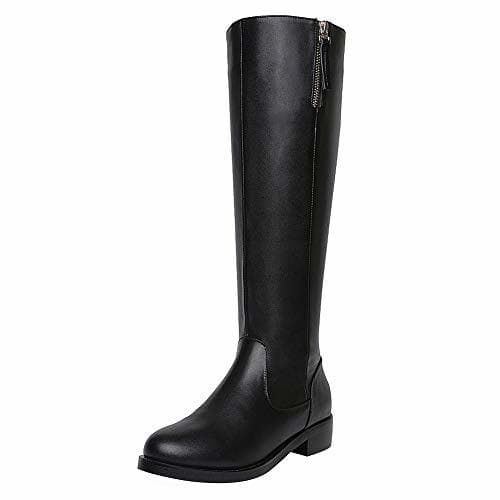 Producto ANUFER Mujer Elegante Piel Genuina Rodilla Alta Botas Negro Plano Cremallera Botas