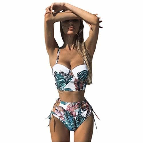 Product Sexy Traje de baño de Cintura Alta Estampado de Hoja Bikinis Mujeres