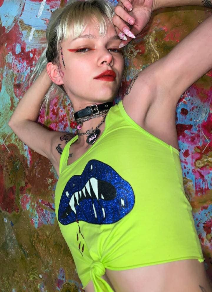 Fashion Club Exx Glitter Lips Crop Tank Top - Neon Green | Dolls Kill