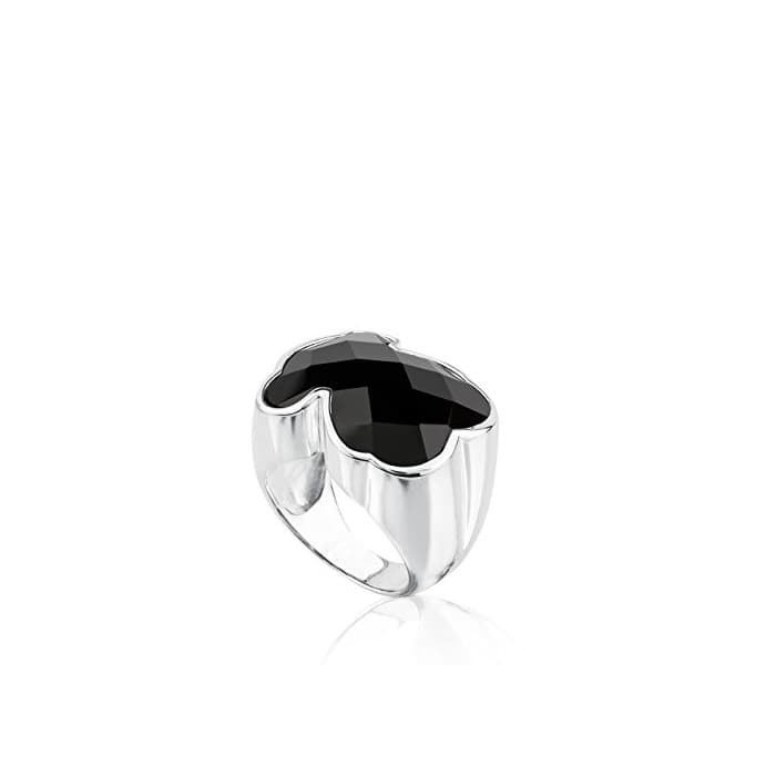 Moda TOUS Anillo Mujer Plata de Primera Ley con oso en Ónix negro,