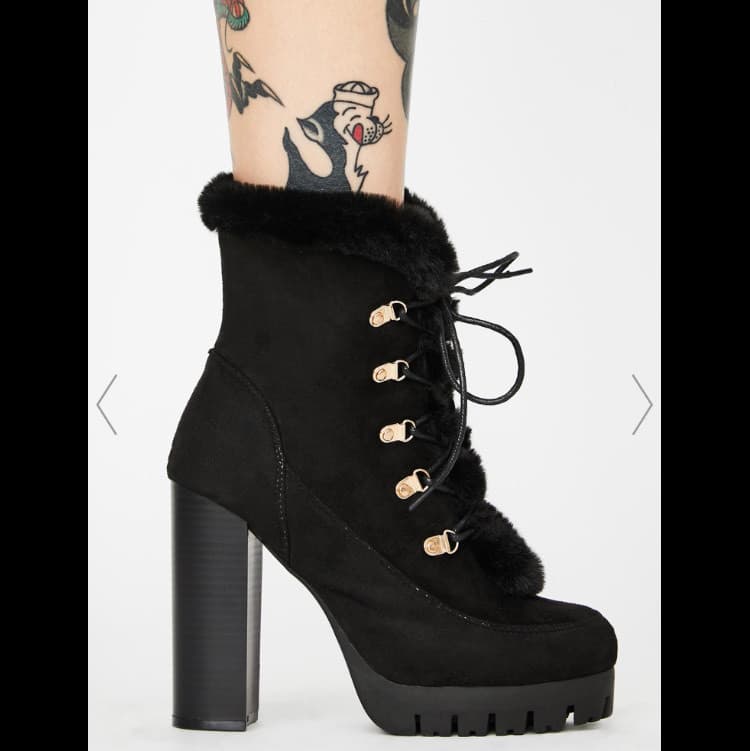 Producto Faux Fur Trim Lace-Up Heeled Ankle Booties Black