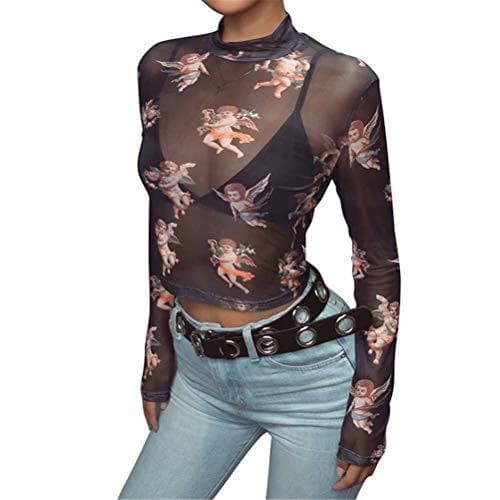 Product Loalirando Crop-Top Transparente Mujer Sexy de Manga Larga con ángeles Impresos Top