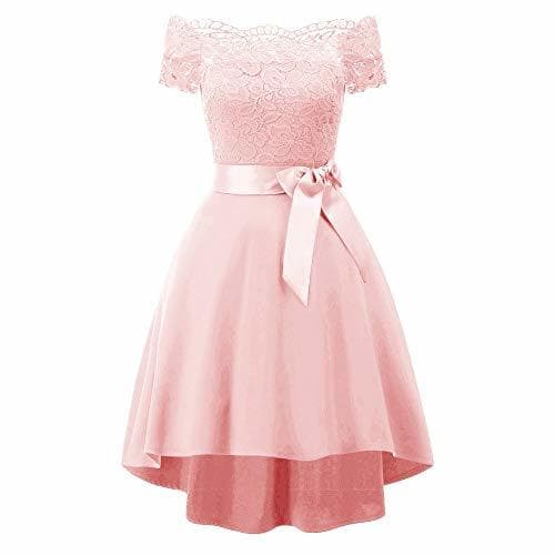 Place Yao High-End Short-Sleeved Lace Single Shoulder Stitching Elegant Female Dress Pink XL