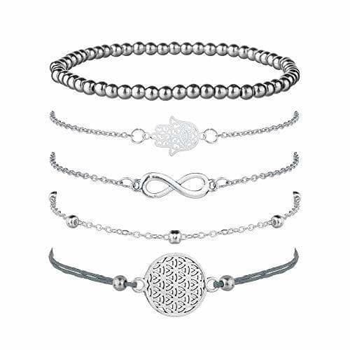 Fashion Juego de 5 pulseras de plata para mujer